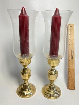 Pair of Lacquered Brass Candle Holderss with Candles & Glass Shades Made in India