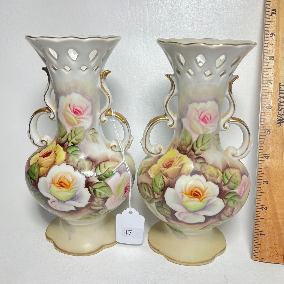 Pair of Vintage Ucagco Ceramics Double Handled Floral Vases