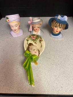 3 vintage head vases and 1 Haeger lady head wall pocket