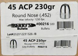45 ACP 230 Gr RN Berrys Bullets .452 500 count