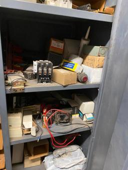 (4) Shelves & (1) 2-Door Cabinet of Assorted Electrical Components
