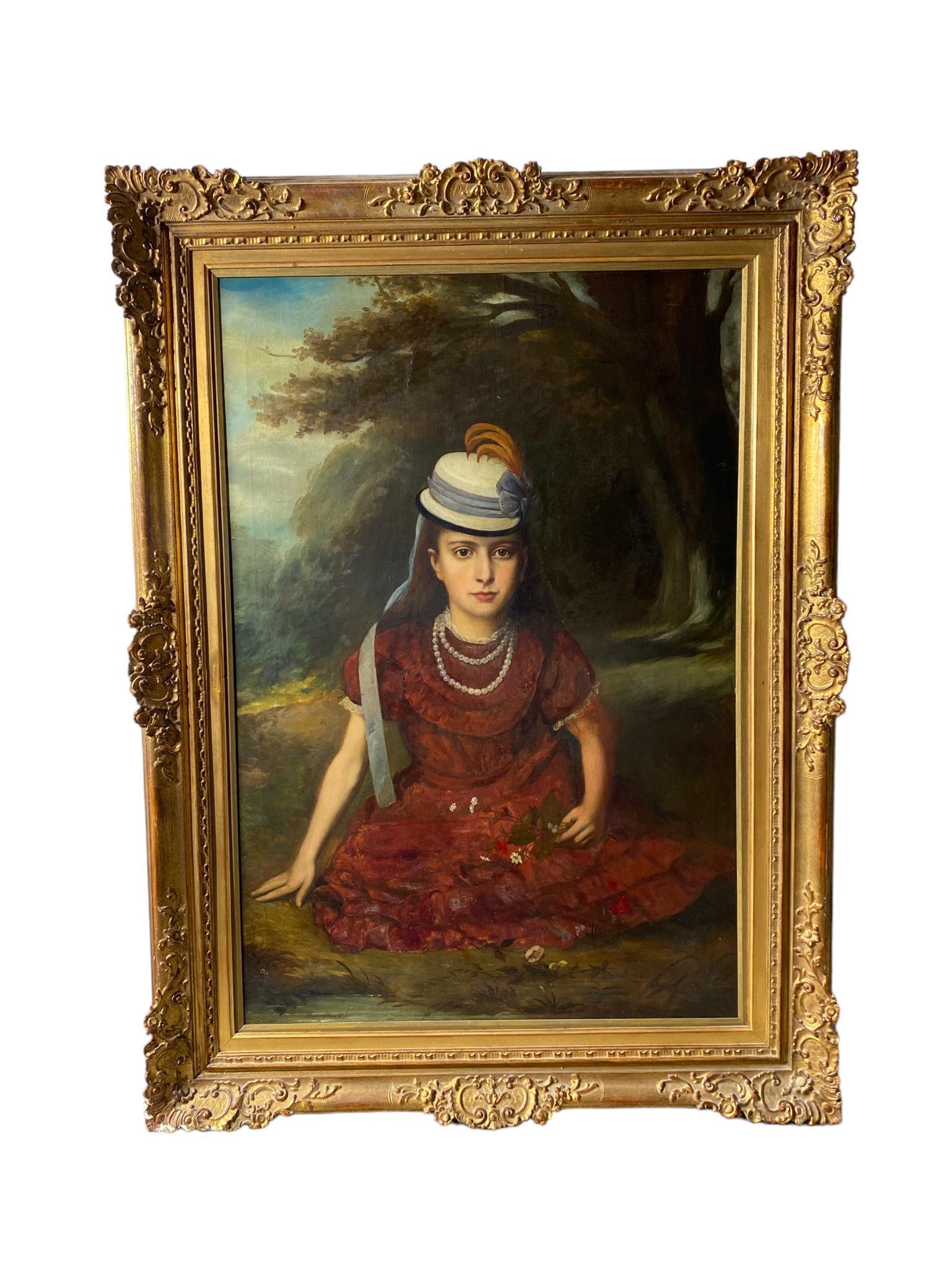 Large Oil on Canvas Portrait of a Girl Painting J. Leon