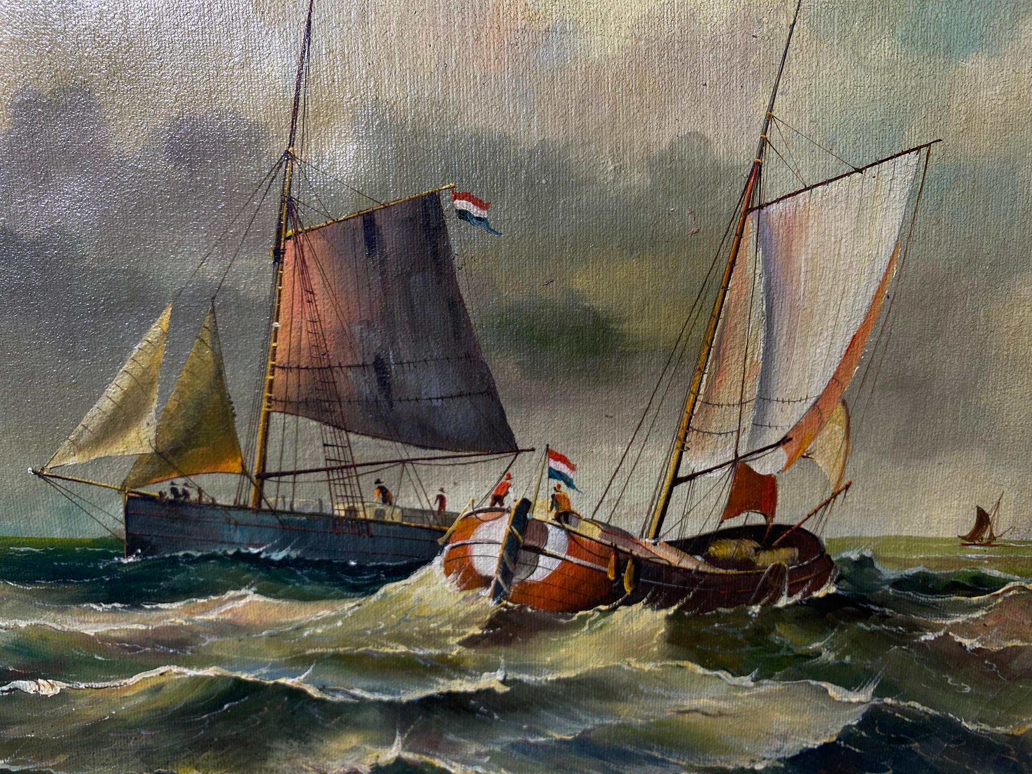 Early 20th c. European Naval Nautical Scene Oil on Canvas Painting