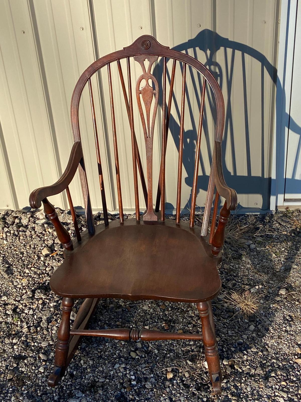 Antique Wooden Rocking Chair Bow Back Braced
