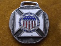 OLD ADVERTISING WATCH FOB FROM "NATIONAL ACCIDENT INSURANCE CO." OF LINCOLN NEBRASKA