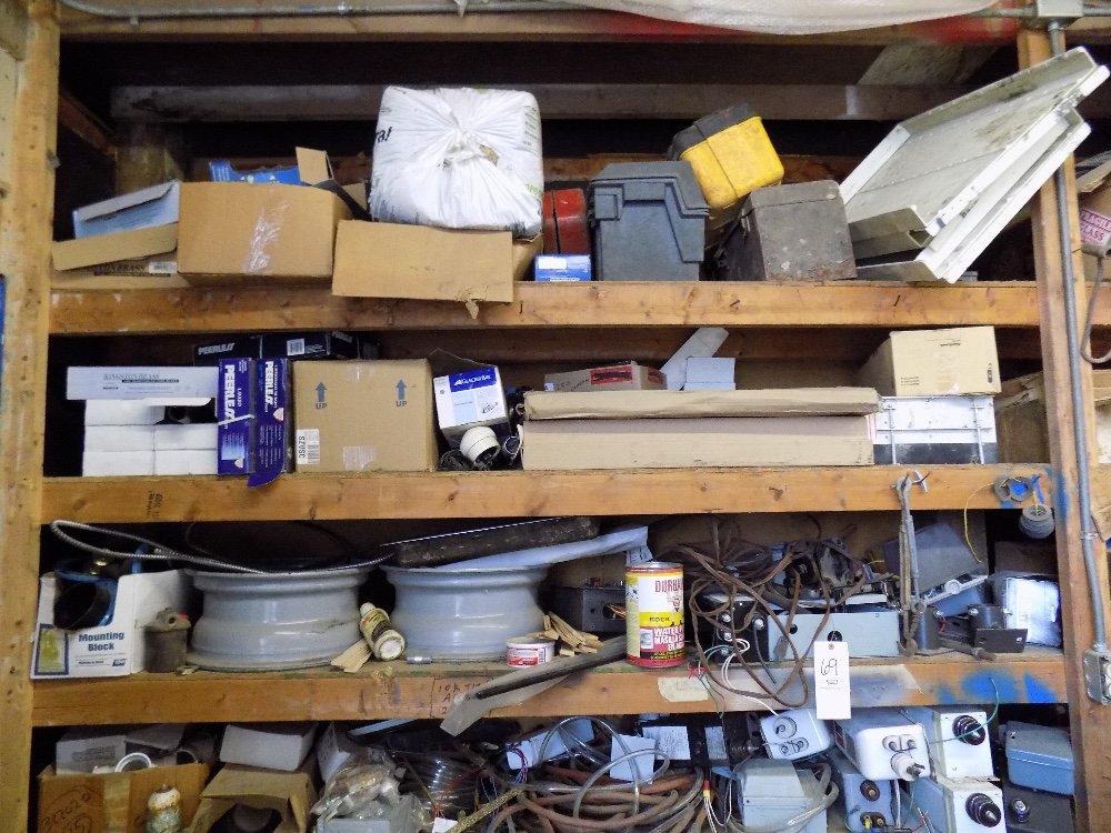 Contents of Shelving inc. Rims, Toolboxes. Alum. Angle Pieces, Bolt Stock, Electrical Hardware