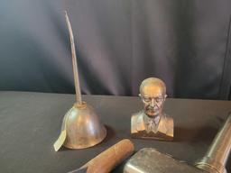 Stainless utensils, vintage Eisenhower metal bank, Gem mfg oiler and drywall tool