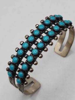 Vintage 2 row turquoise & sterling silver cuff bracelet