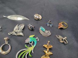 Group of sterling and 925 marked assorted earrings, ring, brooches