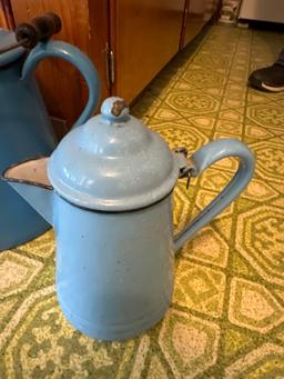 Graniteware tea pot and two coffee pots