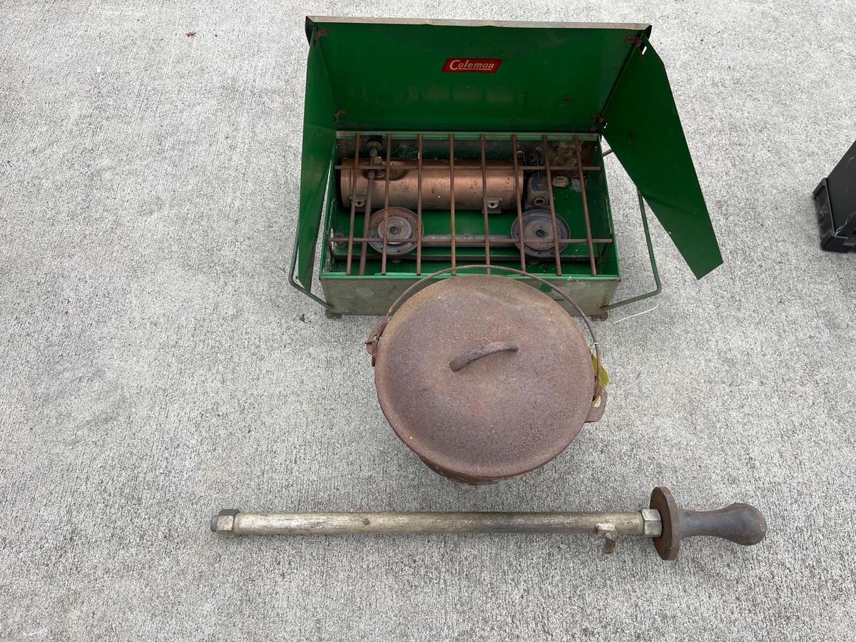 Coleman campfire stove, old kettle