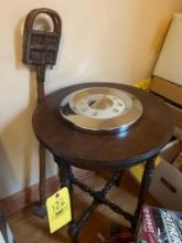 Wooden side table with ford decor and portable seat