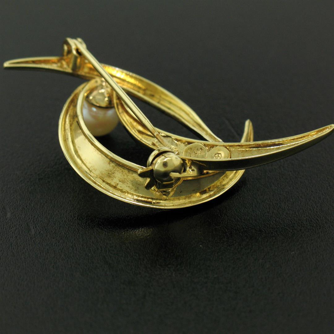 German Solid 14k Yellow Gold 5.9mm Round Cultured Pearl Textured Bird Brooch Pin