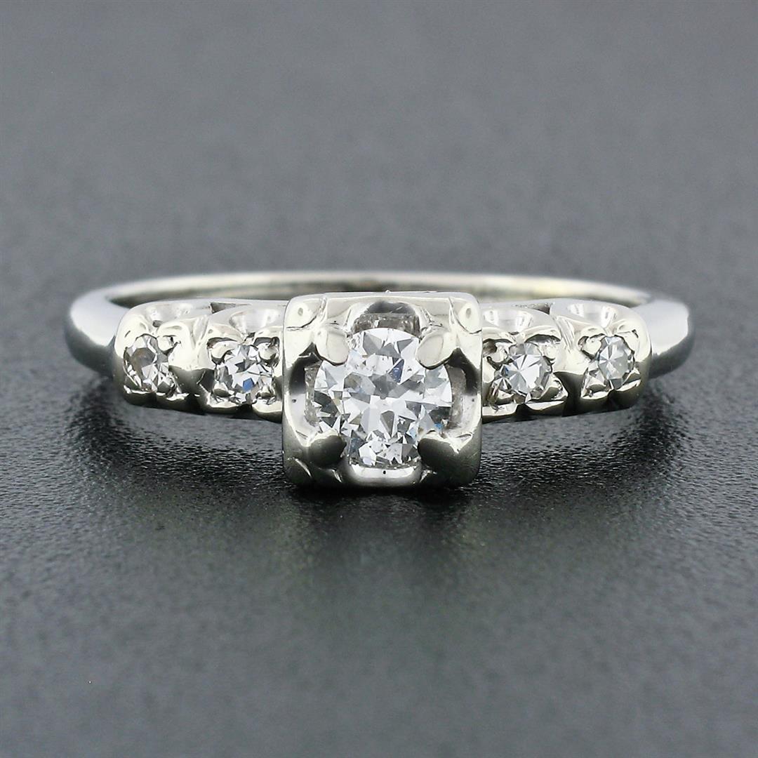Vintage 14k White Gold 0.37 ctw Round Diamond Solitaire & Accents Engagement Rin