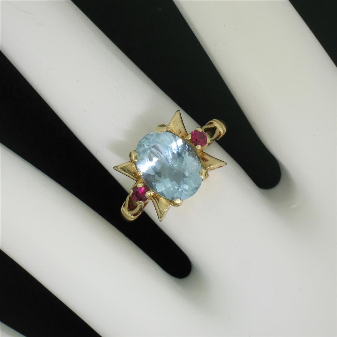 Retro 14k Yellow Gold 2.18 ctw Aquamarine Solitaire and Synthetic Ruby Ring