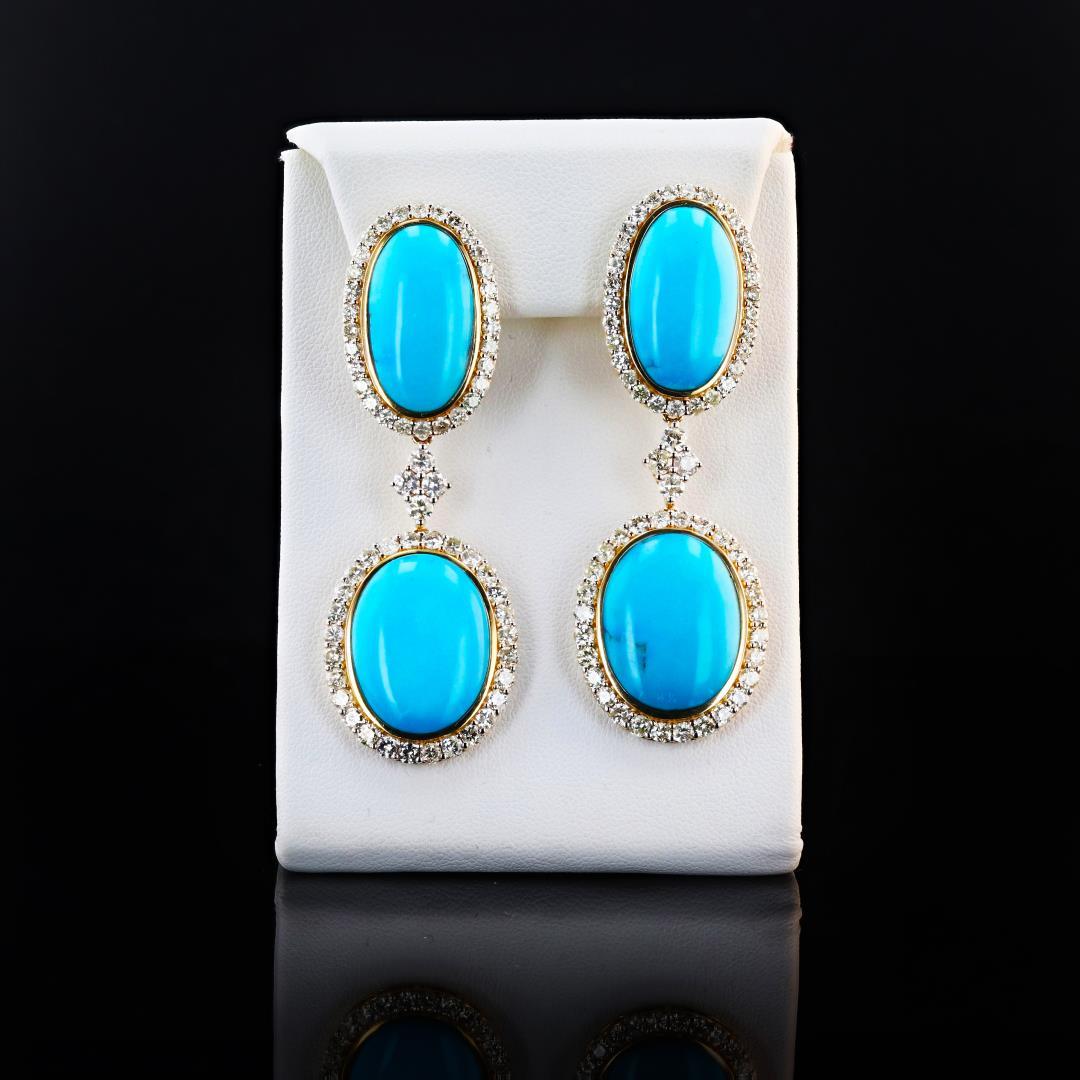 45.67 ctw Turquoise and 6.43 ctw Diamond 14K Yellow Gold Earrings