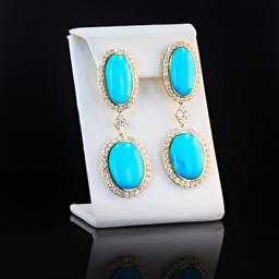 45.67 ctw Turquoise and 6.43 ctw Diamond 14K Yellow Gold Earrings