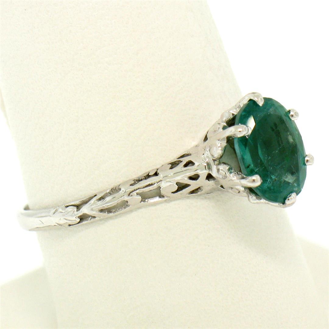 Vintage 14k White Gold 1.38 ctw Prong Set Oval Cut Emerald Filigree Solitaire Ri
