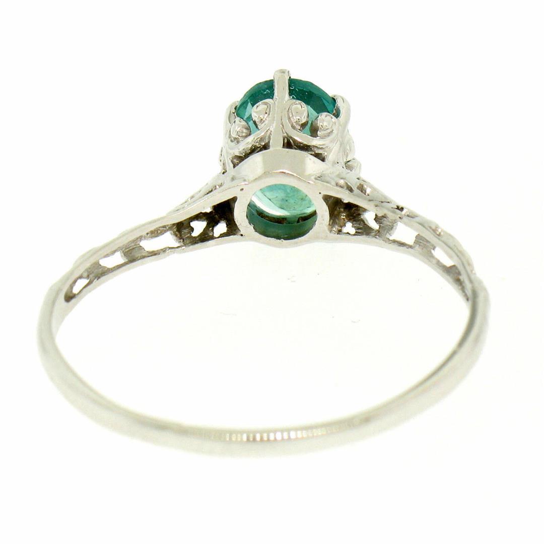 Vintage 14k White Gold 1.38 ctw Prong Set Oval Cut Emerald Filigree Solitaire Ri