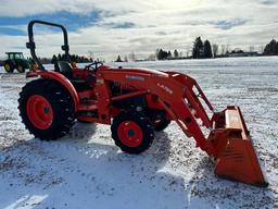 2016 Kubota L4701 compact tractor, open station, 4x4, Kubota LA765 loader, hydro trans, bar tires,