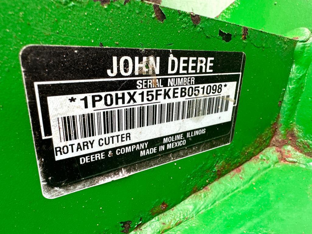 John Deere HX15 15' batwing rotary mower, chain guards, air tires, SN: 1P0HX15FKEB051098.