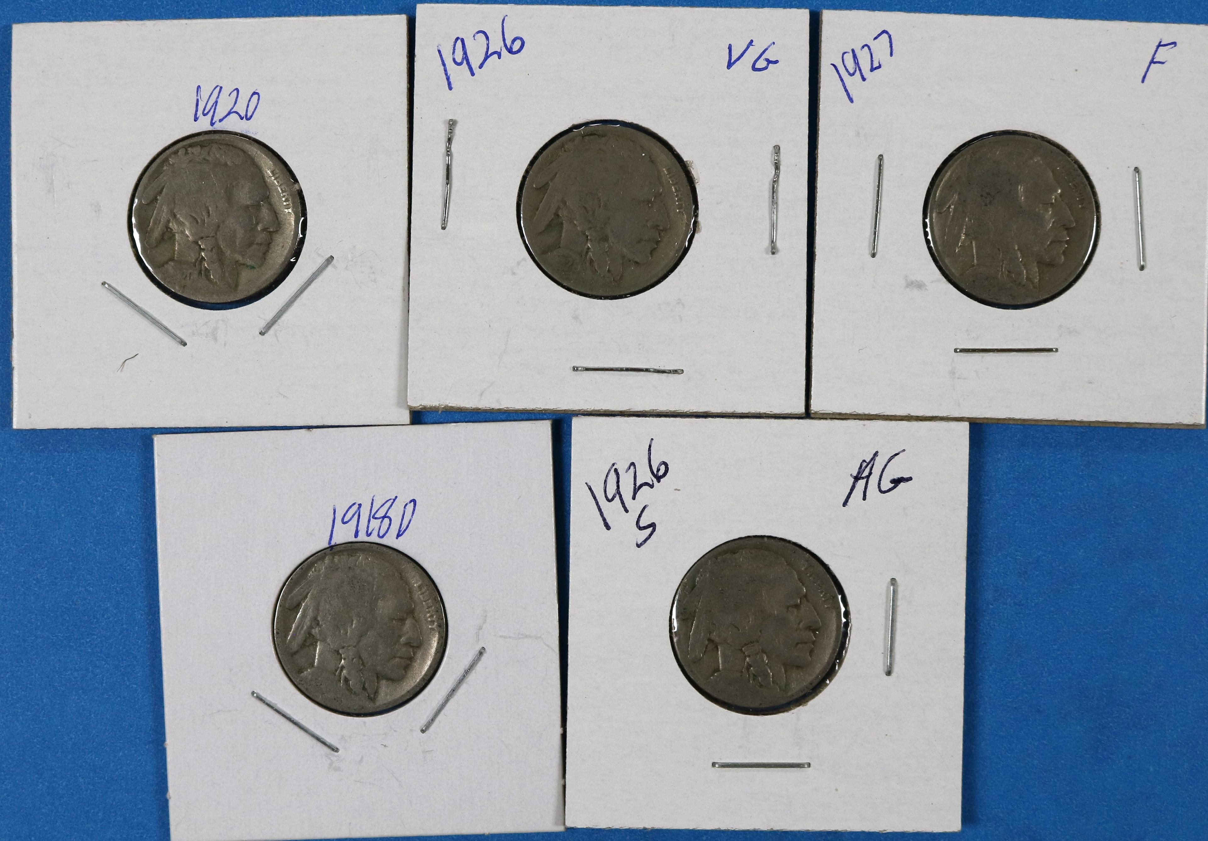 Lot of 5 Buffalo Nickels 1918-D, 1920, 1926, 1926-S, 1927