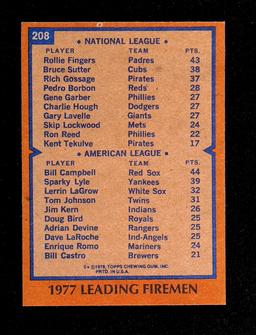 1978 Topps Baseball Card #208 1977 Leading Firemen: Rollie Fingers & Bill C