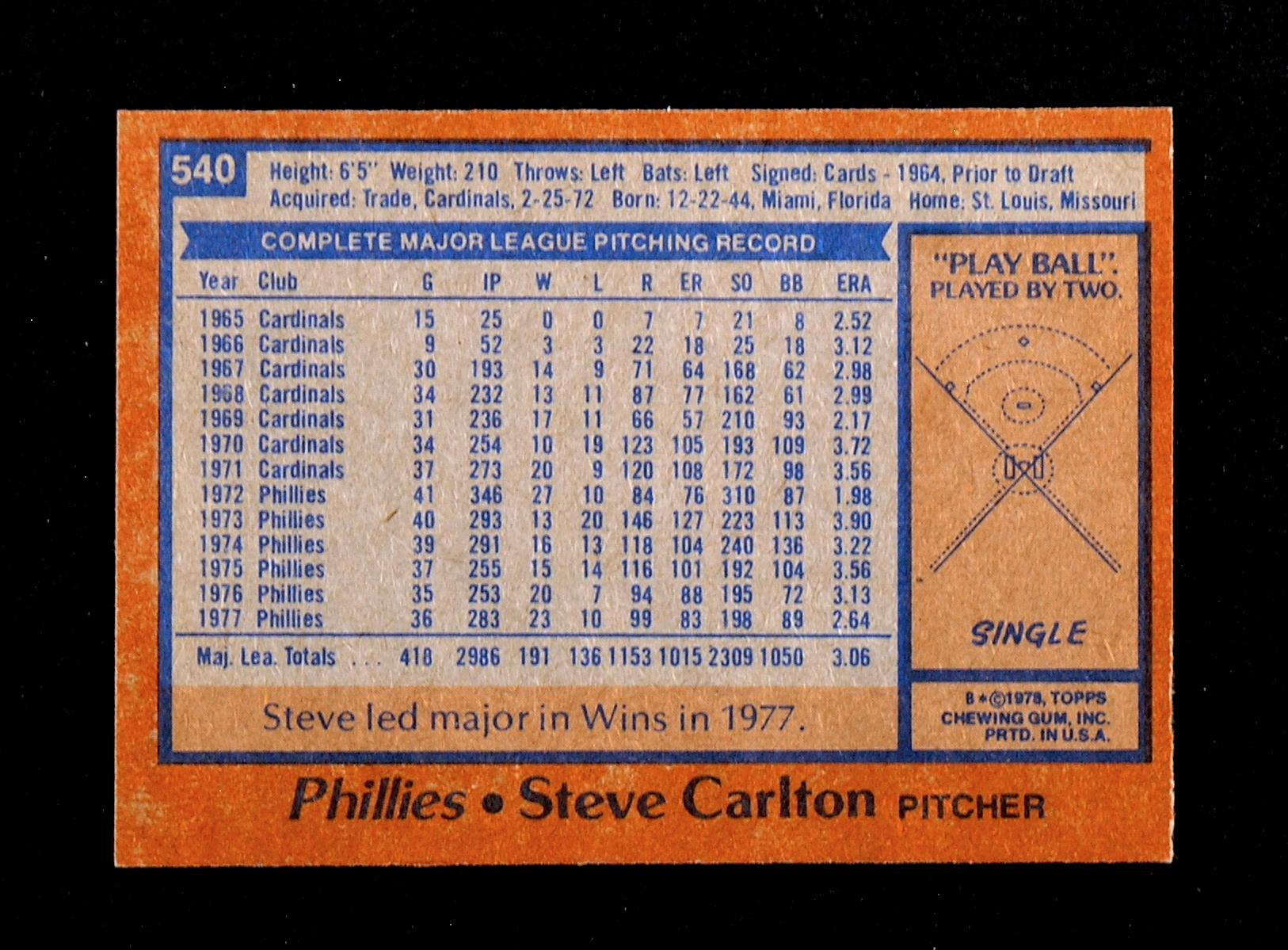 1978 Topps Baseball Card #540 Hall of Famer Steve Carlton Philadelphia Phil