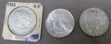 Three 1922 Peace Dollar Coins