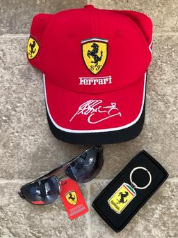 Ferrari branded baseball cap, sunglasses and key fob