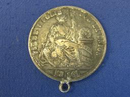 Silver Coin made into Pendant – 1872 Republica Peruana 9 Decimos LIMA – Weight is 24.8 grams