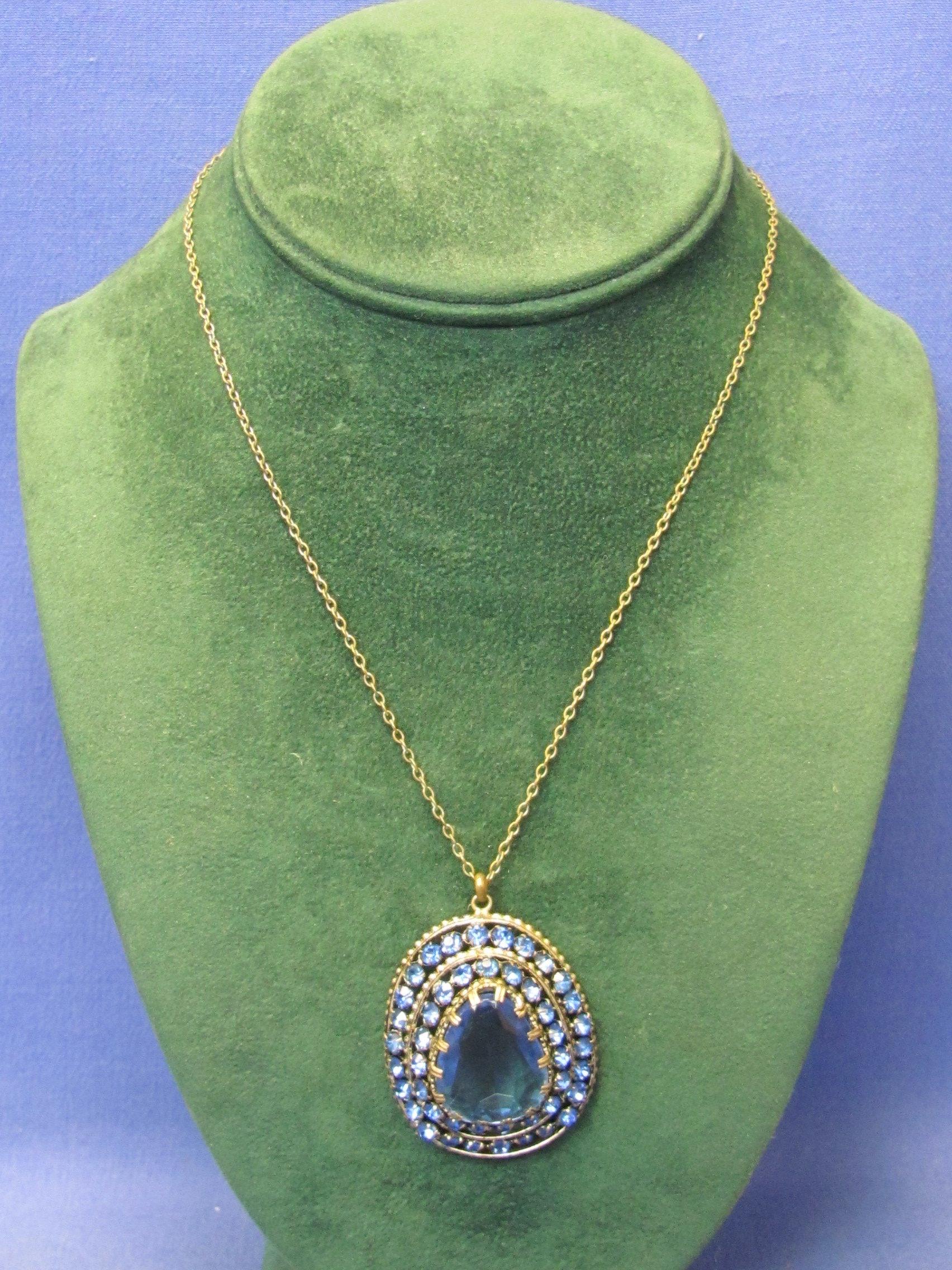 Vintage Pendant w Blue Stones – Made in Czechoslovakia – 1 1/2” long – 16” Chain