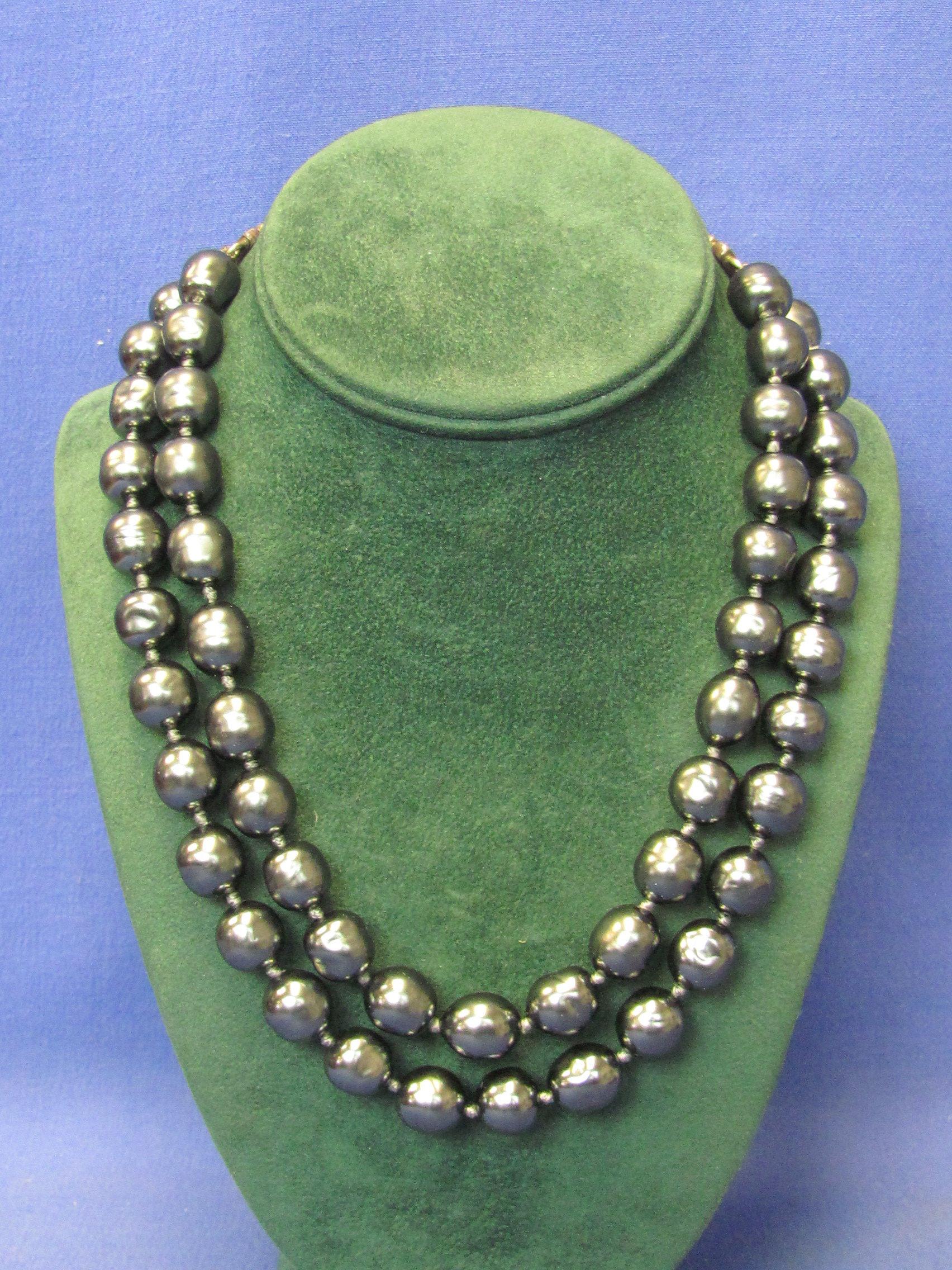 Carolee Double Strand Faux Black Pearl Necklace – Sterling Silver Clasp – Up to 18” long