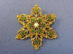 Vintage Set: Green Rhinestones & Faux Pearls – Bracelet – Pin & Screw-on Earrings