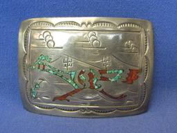 Silver Belt Buckle – Road Runner – Inlaid Turquoise & Coral – Signed on Back – 47.3 grams