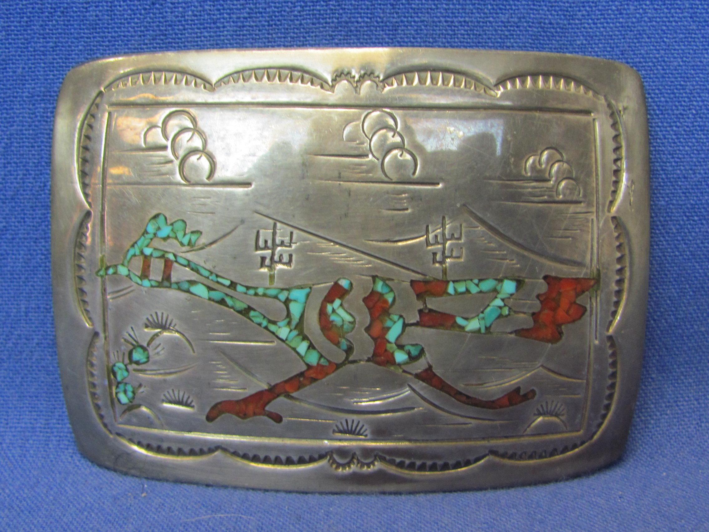 Silver Belt Buckle – Road Runner – Inlaid Turquoise & Coral – Signed on Back – 47.3 grams
