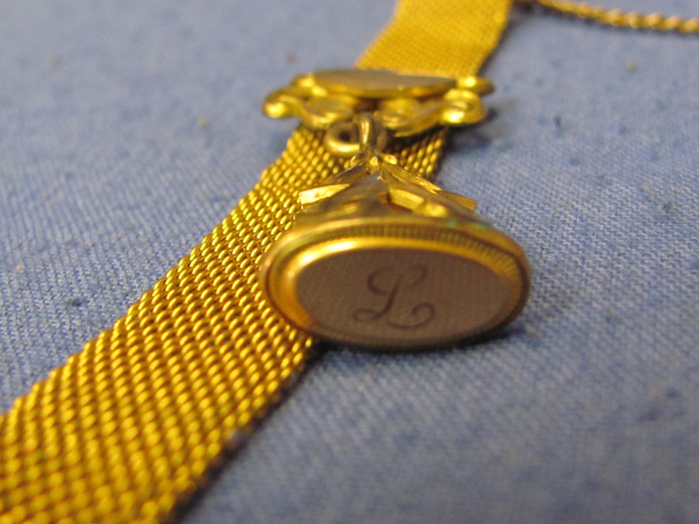 Antique Gold Plate Watch Fob & Chain – Engraved “L” - signed “Marathon” - 4 1/2” long