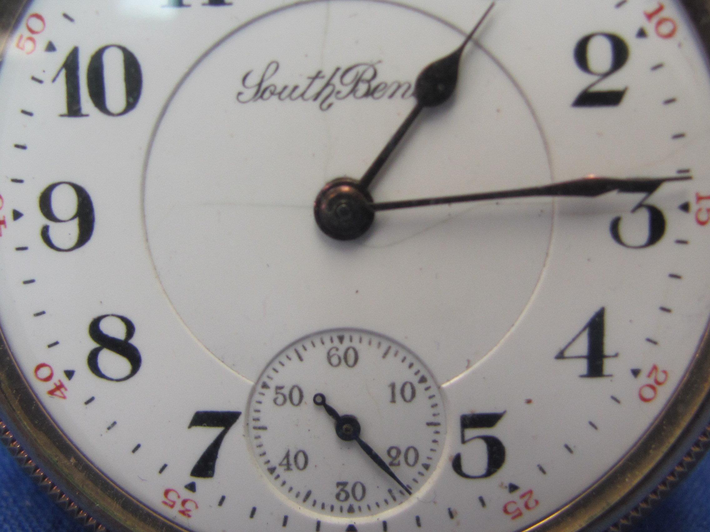 South Bend Pocket Watch “The Studebaker” - Gold Filled – 17 Jewels – Running – 2” in diameter