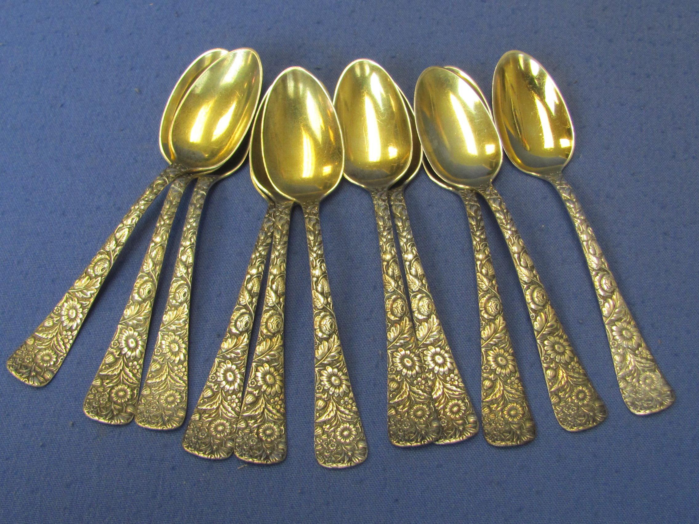Set of 11 Sterling Silver Demitasse Spoons – Floral Design – Engraved “A” on back – 4 1/2” long