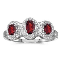 Certified 14k White Gold Oval Garnet And Diamond Three Stone Ring 0.64 CTW