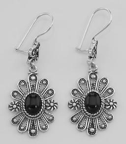 Antique Style Black Onyx Earrings with Flower Design - Sterling Silver