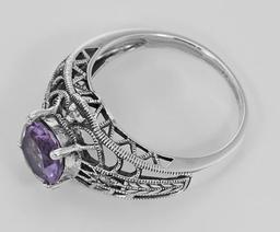 Art Deco Style Amethyst Filigree Ring with Four Diamonds Sterling 925