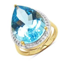 14K Yellow Gold Plated 10.50 Carat Genuine Blue Topaz .925 Sterling Silver Ring