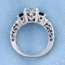 1 Carat Princess Cut "leo" Diamond Engagement Ring With Sapphires In 14k White Gold