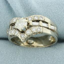 Vintage V Design Baguette And Round Diamond Engagement Ring In 14k Yellow Gold