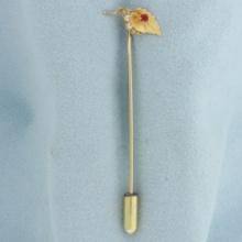 Vintage Pink Sapphire And Pearl Leaf Stick Pin In 14k Yellow Gold