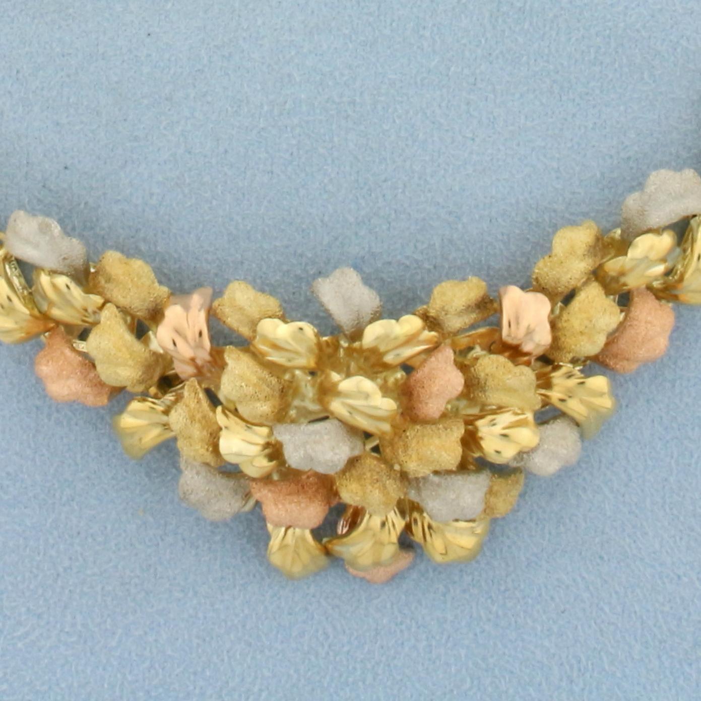 Numbered Designer Italian Made Tri Colored Flower Petal Necklace In 18k Yellow, White, And Rose Gold