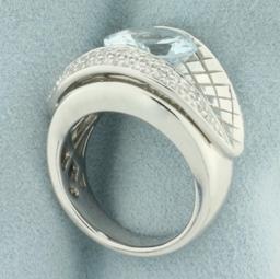 4ct Aquamarine And Diamond Quilted Design Ring In 14k White Gold