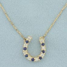 Sapphire And Diamond Lucky Horseshoe Necklace In 14k Yellow Gold