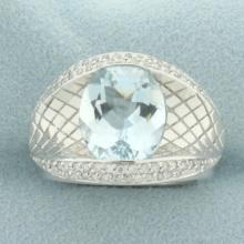4ct Aquamarine And Diamond Quilted Design Ring In 14k White Gold
